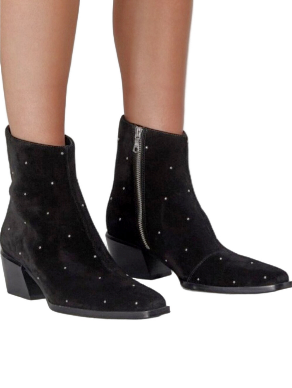 🆕 RAG & BONE "JONI" BLACK SUEDE BLOCK HEEL ANKLE BOOTS WITH SILVER STUDS◾8◾
